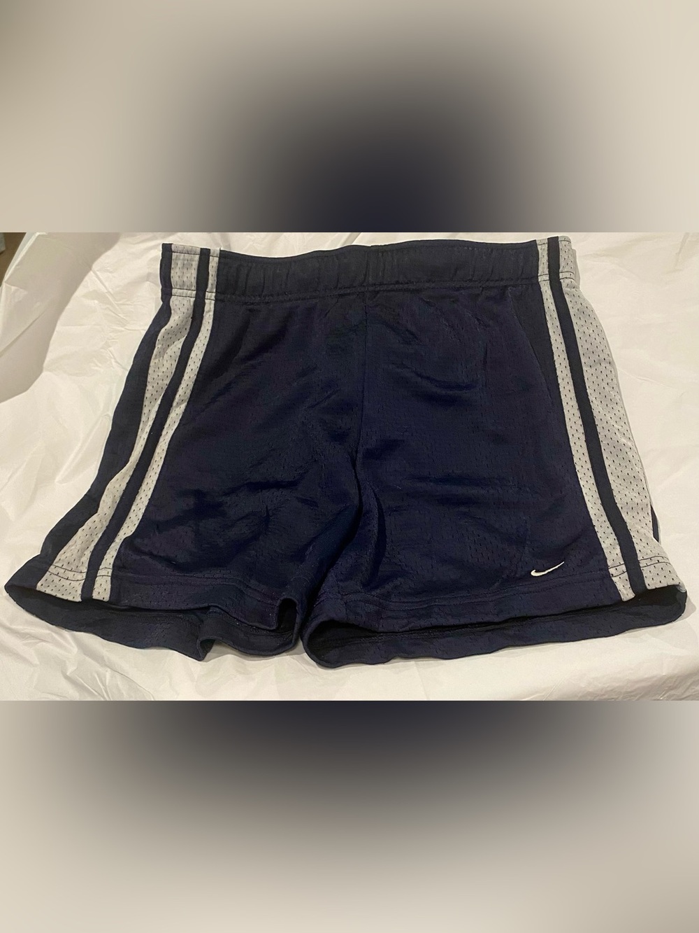 Nike Women's Navy Athletic Mesh Shorts with Gray Stripes Small (4-6)